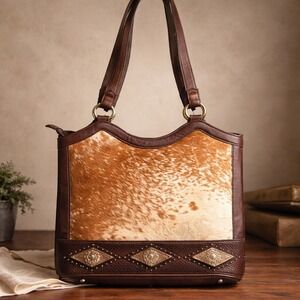 Grants Leather Cowhide Hair On Hide Woven Leather Western Concho Tote Bag Brown